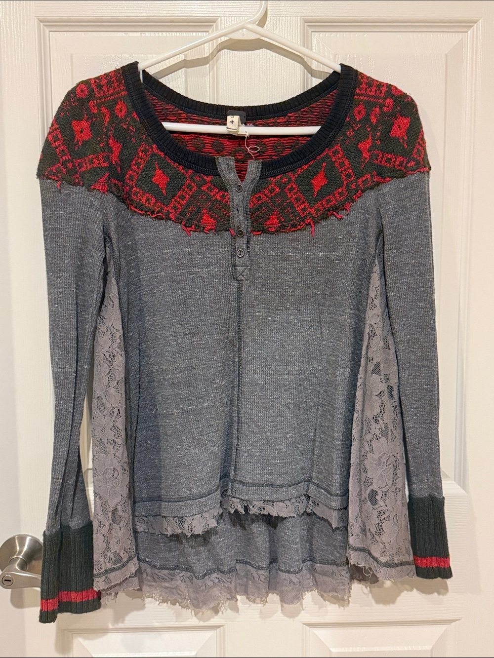 Free People Gray Knit Sweatshirt with Red Fair Isle Yoke